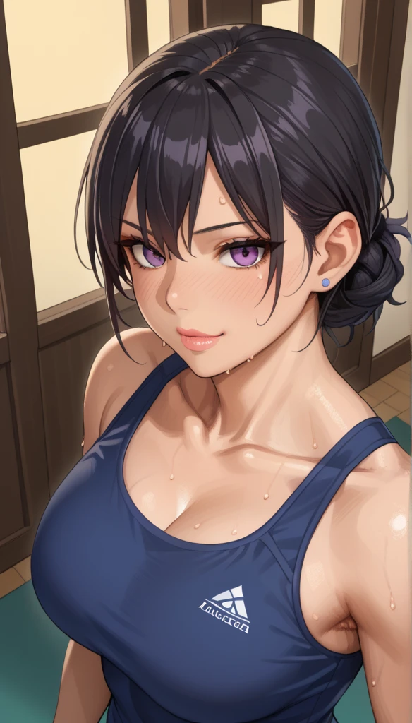 ((highest quality, masterpiece, 4k, finely detailed, detailed eyes, detailed face, intricate details, pixiv, gelbooru)) solo, (((1boy, male, masculine, handsome, slight muscles, Kanan_Matsuura_(Love_Live_Sunshine))), (((high ponytail, dark blue hair, light purple eye color, gentle eyes))), (((male briefs, tight tanktop))) lying on bed, sweating, covered in sweat, handsome, looking at viewer, blushing, smirking, (((big cock)))
