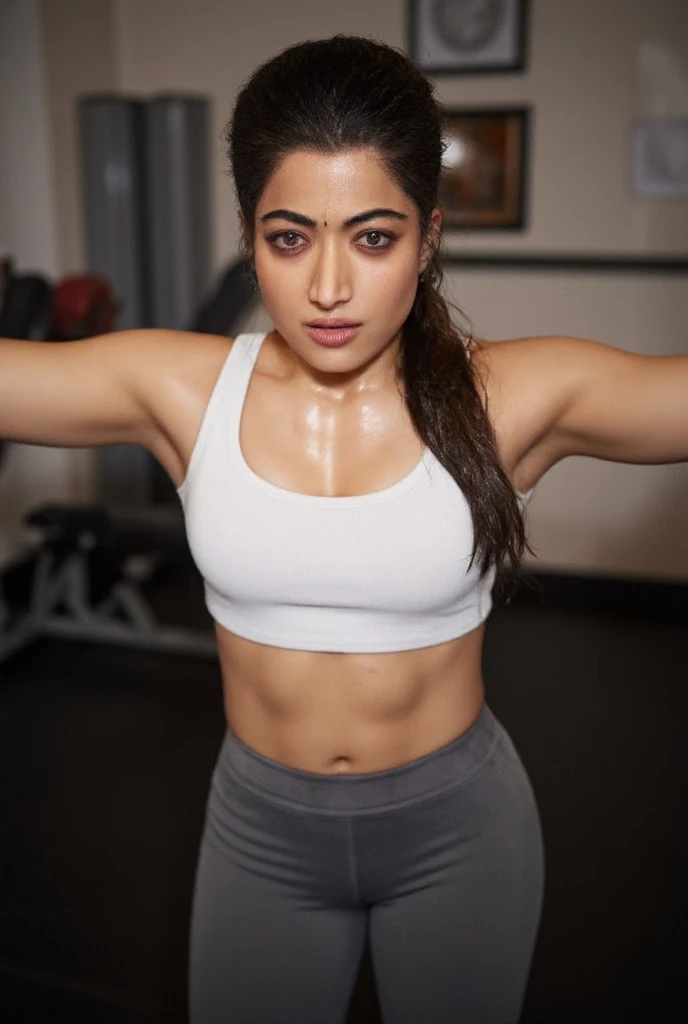 Looks like Kajal Aggarwal,wearing boxing gloves,green boxing gloves,boxing ring,sweaty,tired,exhausted,arms raised,both arms up,boxing gloves on both hands, intricate details, (ArtStation:1.2),armpits,sweat,sweaty,sweaty armpits,arms up,showing armpits,awesome armpits,eyeroll,dark blue outfit