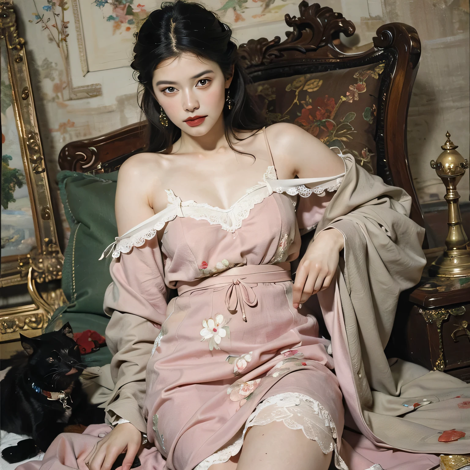 ((best quality)), ((masterpiece)), (detailed), perfect face , perfect hands, A woman wearing a pink dress and sitting on a pink sofa, Giovanni Boldini(Giovanni Boldini), 
