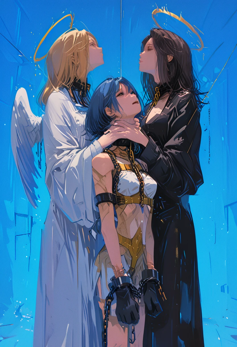 superflat, masterpiece, flat shading, flat colors:1.1), Cinematic shot, Masterpiece, echo style, horny, female teacher humiliating two girls on a leash, ((3 females, multiple females)), european, (3 beautiful females, lesbian orgy), ((humiliating, fingering, humiliation, humiliated, golden halo, halo)), (chained, tied, golden chain, golden dildo, penetration, chain around bodies , chained collar, handcuffs, rough:1.4), leather gloves, leather, slim, lingerie underwear, silk bra, lingerie stockings, angel wings, (cold light, cold blue tones), flat blue background, highly detailed, from below