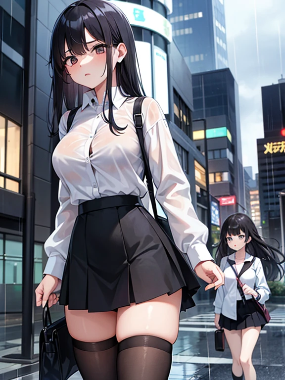 woman,,,city,night,(((White and blue miniskirt))),,open mouth smile((lift the skirt))(See-through),(()),((Satin Nariko)),blush、surprised face,((())),((look back))(wet with sweat)
