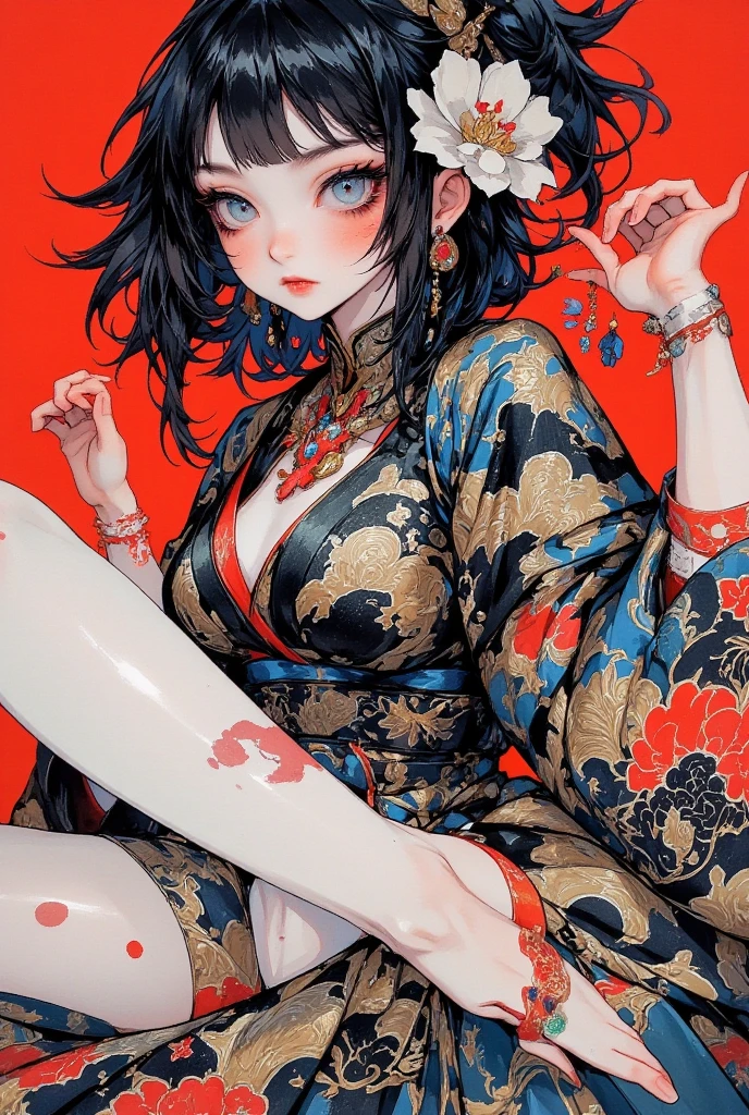 Period drama manga style　A 15-year-old super beautiful Chinese girl with black hair in a bun cut　She is laid on a Chinese floral bed with her arms spread and tied with silk cords, restrained and wearing a royal long-sleeved Chinese dress with her nipples exposed.