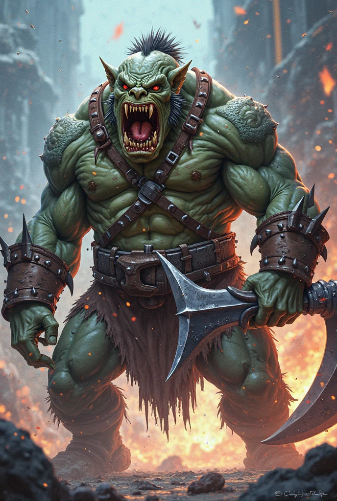 masterpiece, best quality, angry orc fighting, battle field,war,dust and smoke in foreground
