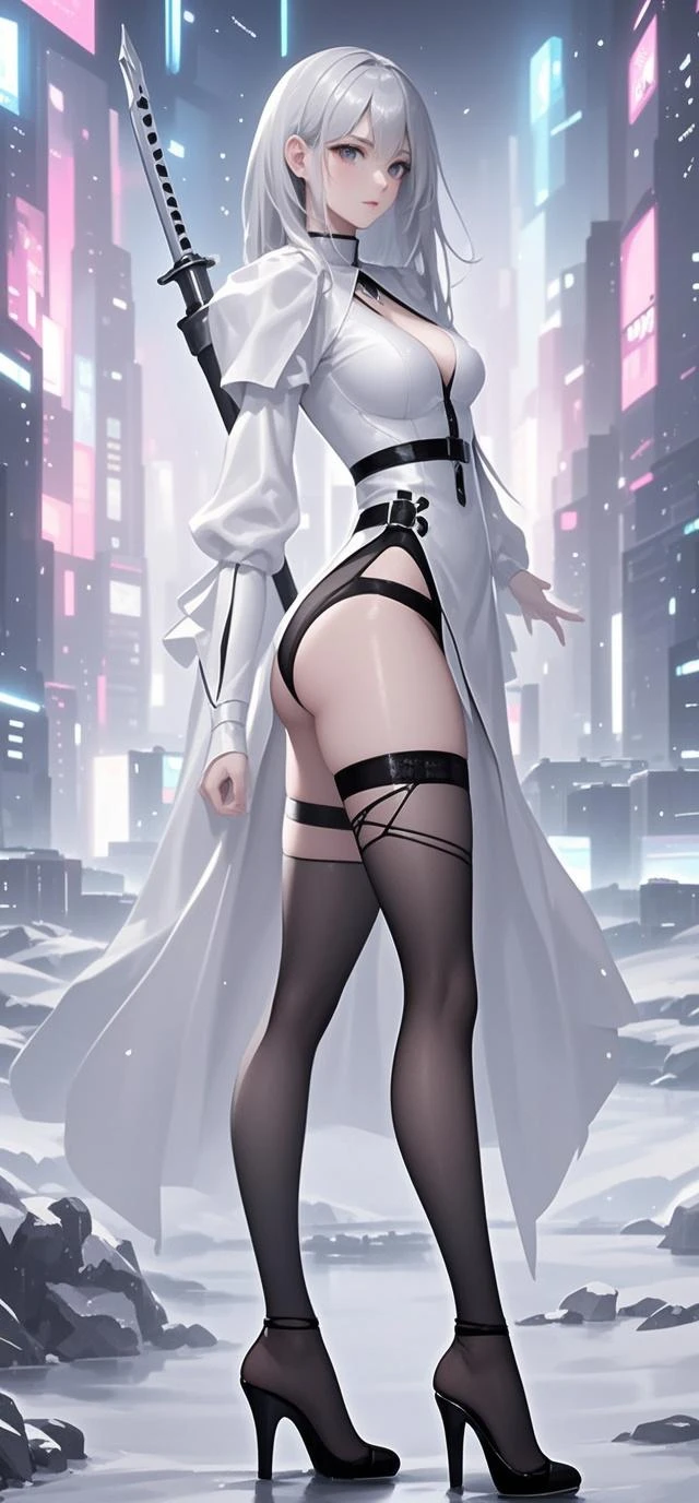 realisticlying, A high resolution, 1 rapariga, White color hair, korean people, eBlue eyes, The transparent cheongsam is flying,Sheer tight-fitting garments,Beads of sweat dripped down the buttocks,Large chest,Wide buttock,Cock your ass,Butt visible,Visible on the back,buttocks visible,Ass pouted,wide wide shot,Cinema lenses,The skin glows,space ship,
