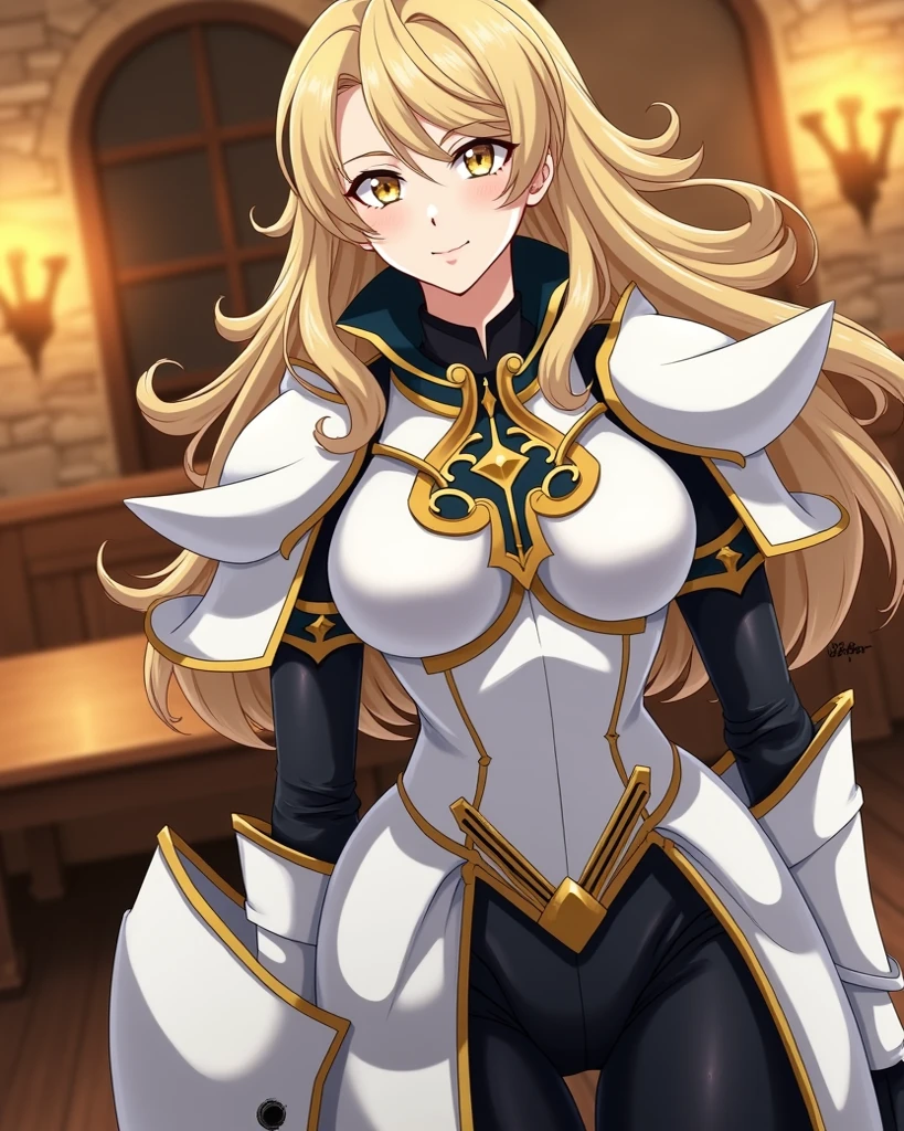 DEFMETERA, ERUNE, TWINTAILS, BLACK LEOTARD, WHITE CAPELET, WHITE SLEEVES, WHITE THIGHHIGHS, 1girl, solo, upper body, facing viewer, looking at viewer, smile, smug