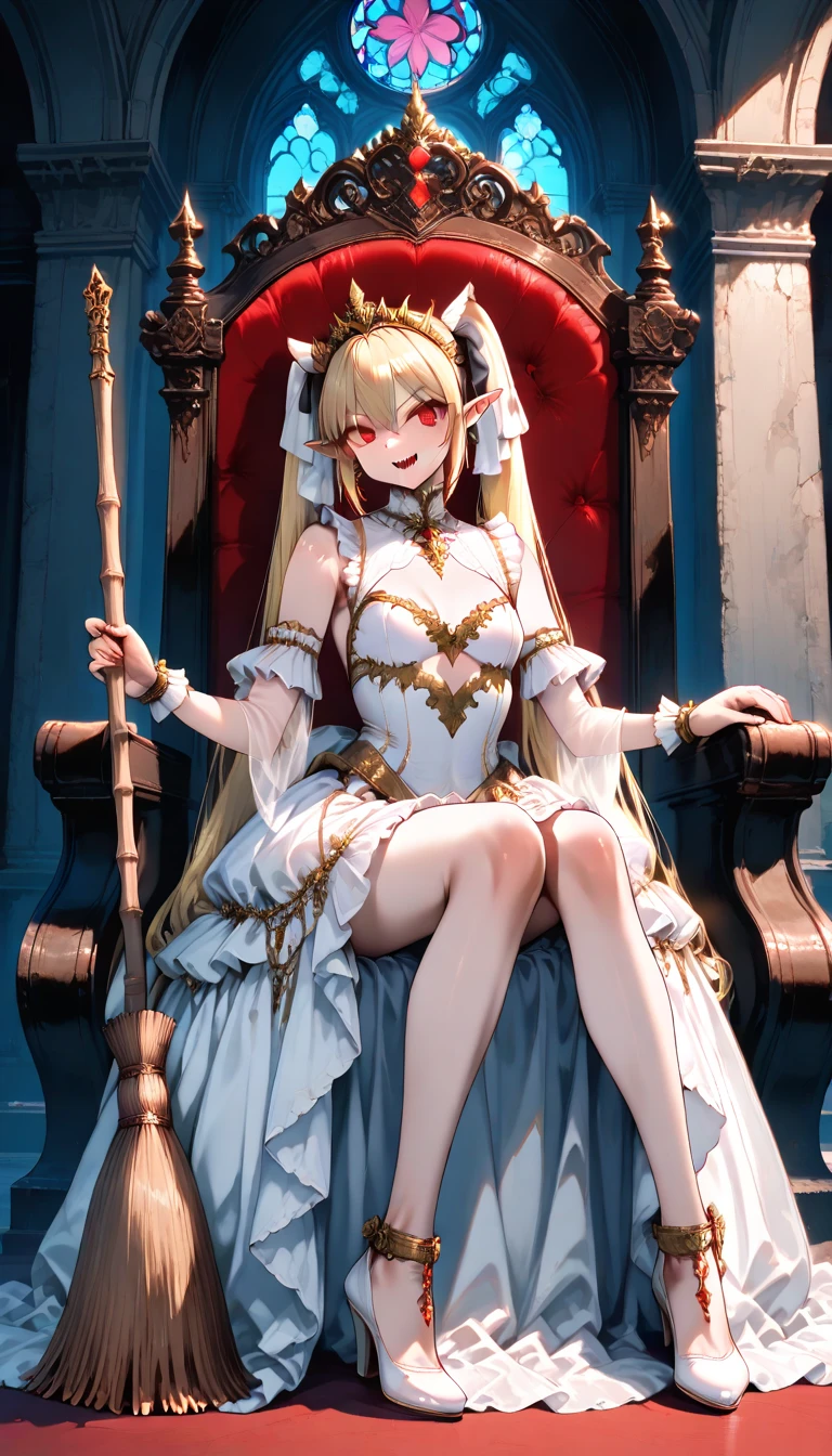 in the throne room、A luxurious golden throne in the Rococo style、sit cross-legged、Put on a gorgeous tiara、Wearing long white gloves、Wearing white stockings and a white garter belt、wearing white high heels、with big breasts、slightly showing nipples、Seen from the front、a young and beautiful princess