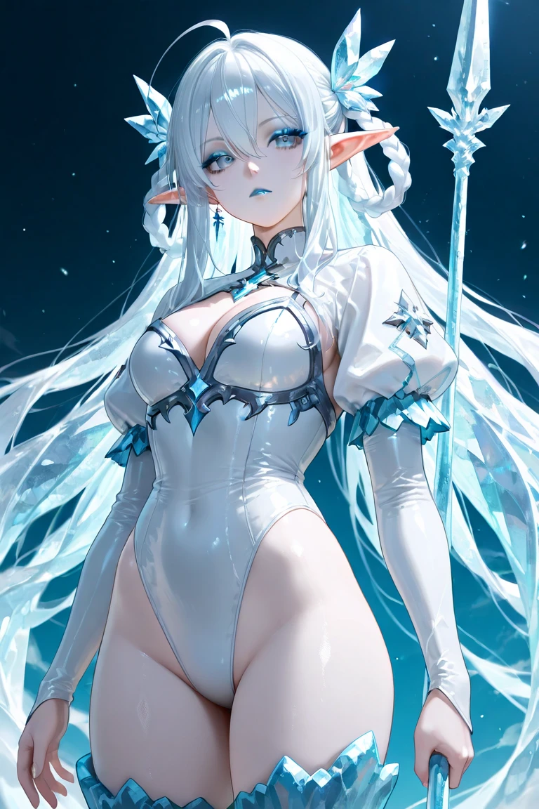 ((ultra quality)), ((masterpiece)), young elf girl, Wakfu style, ((beautiful white long hair, has bangs)), (Beautiful face), (beautiful female lips), (elven long ears), charming, (()), looks at the camera, eyes slightly open, (skin color white), (White skin), glare on the body, ((detailed beautiful female eyes)), ((bright blue eyes)), (juicy female lips), (dark eyeliner), (beautiful female hands), ((ideal female figure)), ideal female body, beautiful waist, gorgeous thighs, beautiful medium breasts, ((subtle and beautiful)), sexy worth (close up of face), (white winter coat with thick fur on the collar, White pants, white winter boots, there are white winter gloves on your hands) background: winter forest snowing, ((depth of field)), ((high quality clear image)), (clear details), ((high detail)), realistically, professional photo session, ((Clear Focus)), anime,,detailed eyes, detaield hands, detailed face, elf woman, full body