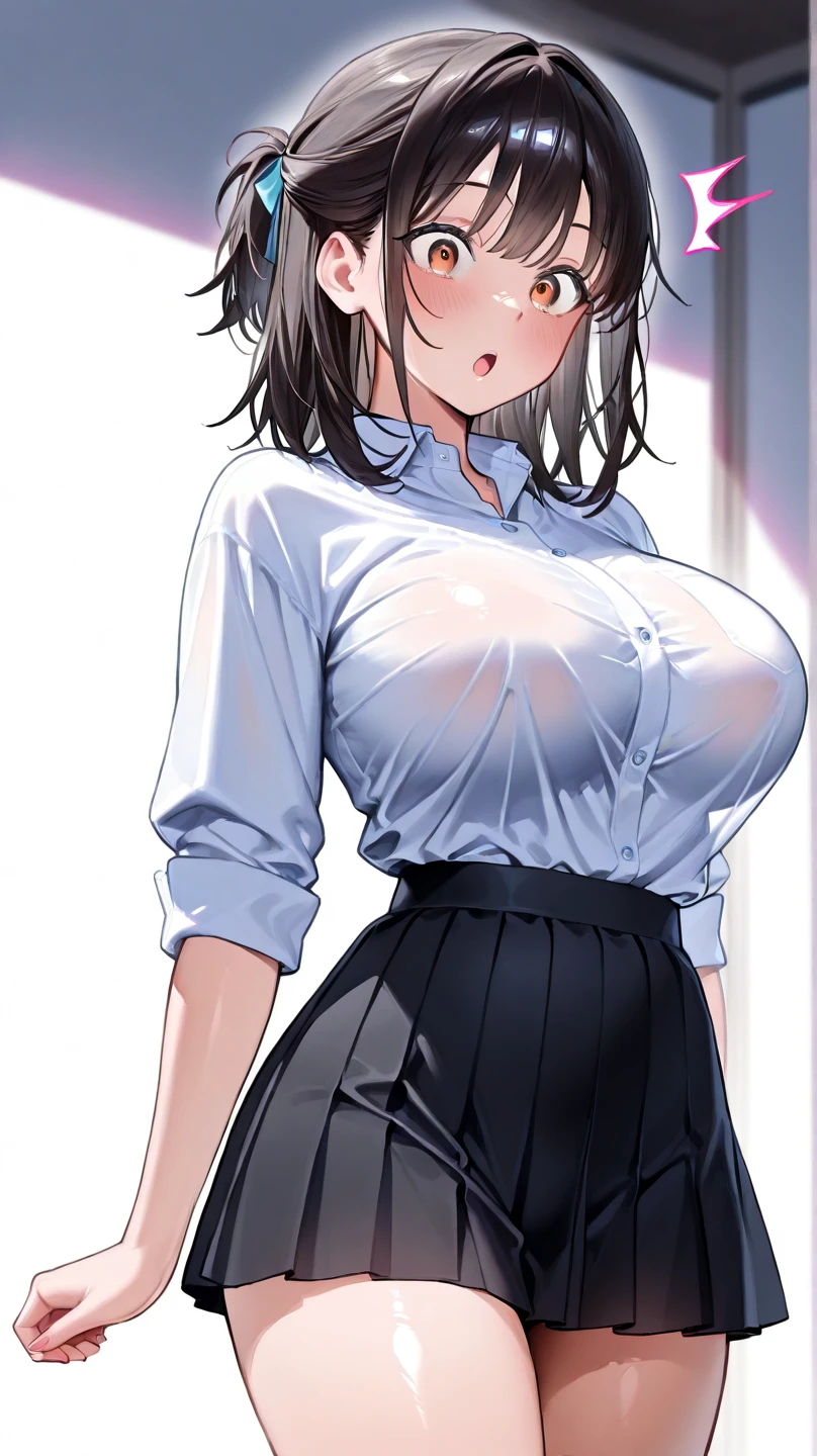 1 beautiful woman, Beautiful Office Lady, slender body, realistic, very detailed CG 統合 8k 壁紙, very detailed, High resolution raw color photos, professional photos, realistic portrait, cinematic light, beautiful details, (beautiful breasts:), (cleavage:1.2), (White shirt with wide open chest:1.5), (extremely short skirts:1.3), pantyhose, panties, squat, indoors, Sales Office, (最high quality:1.4), Super detailed, high quality, table top, (view from below:1.5)、slight smile、short hair、((White wet light underwear))、
