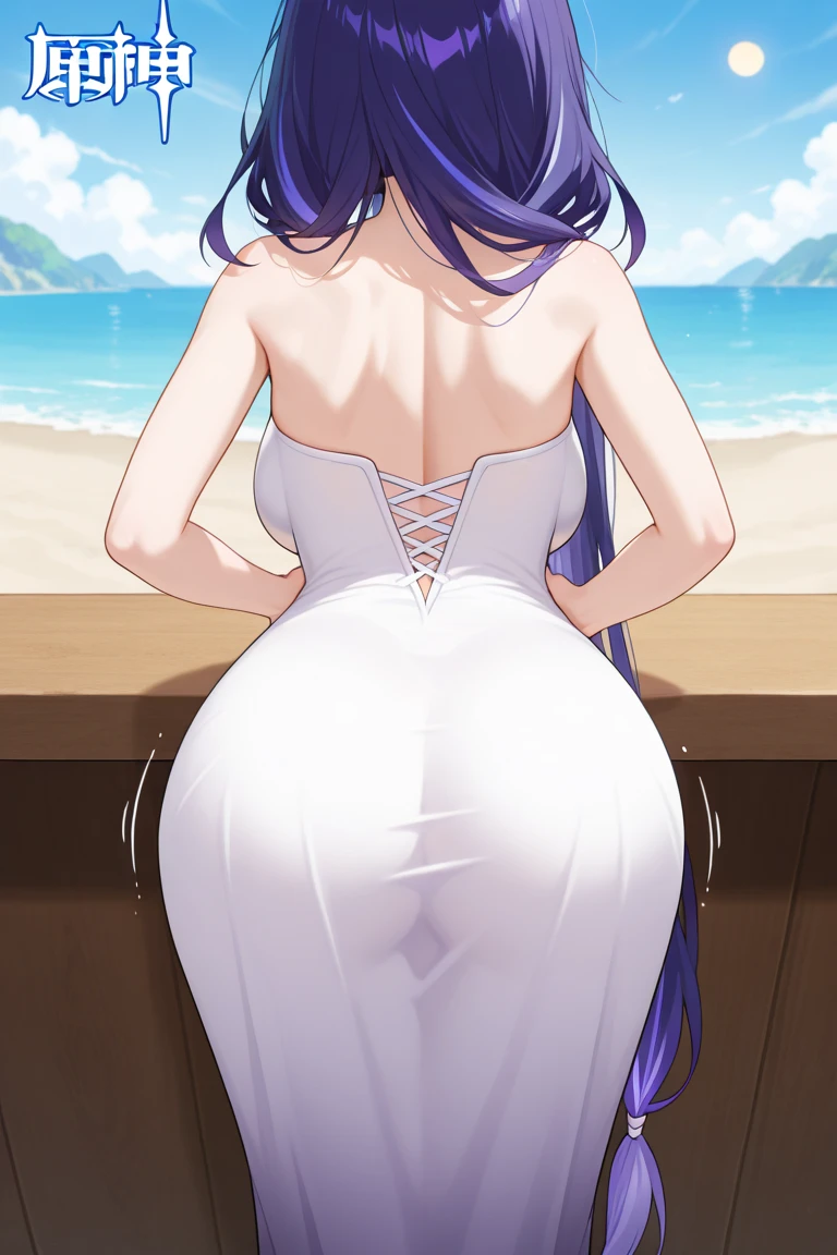masterpiece, best quality, high detail, beautiful woman, solo focus, long wavy hair, purple hair, large bust, (black bra), (black maxi pencil skirt), tight skirt, black sun hat, purple, midriff, navel, wide hips, looking at viewer, view from behind, walking, walk cycle,  full-face blush, light smile, beach, summer, cloudy sky,