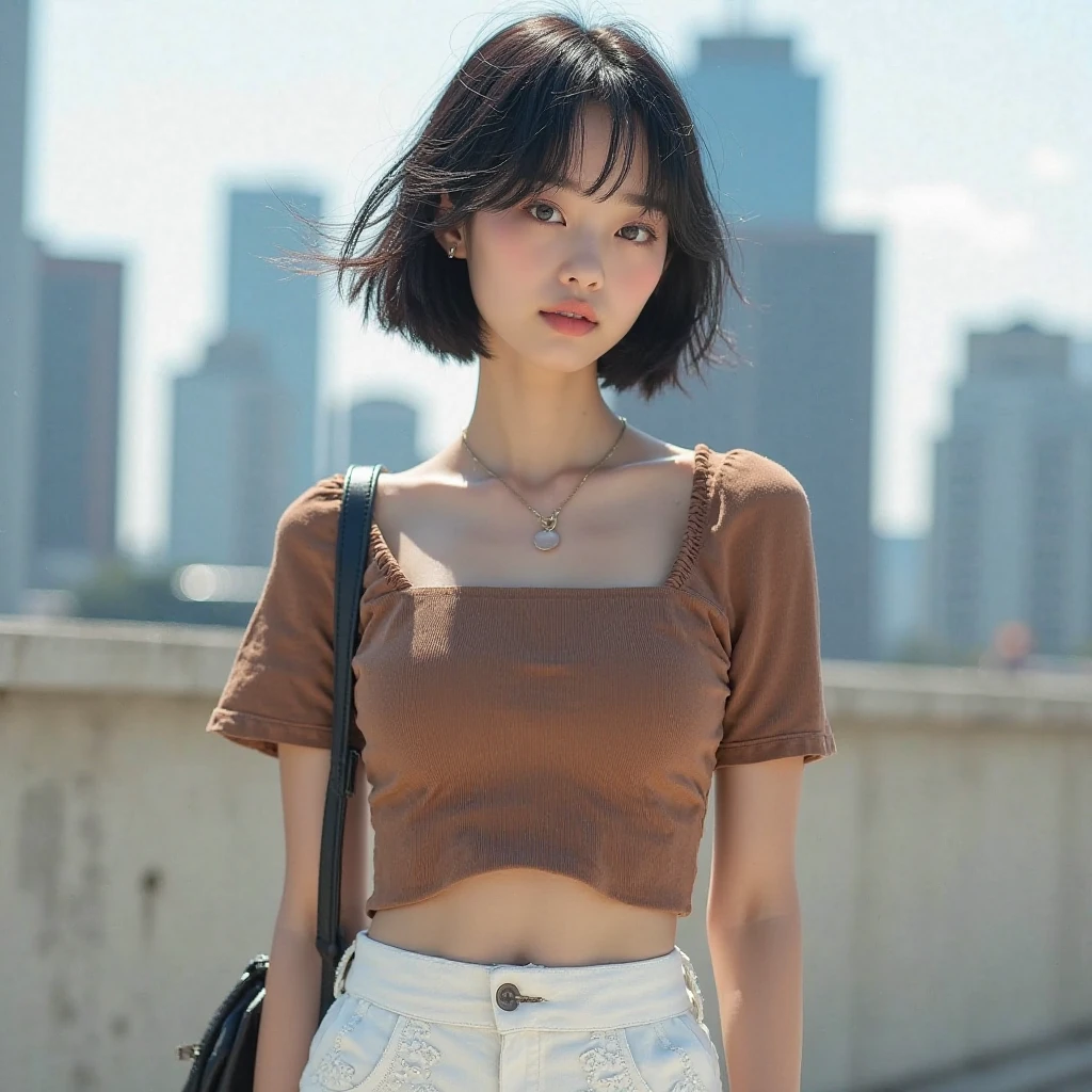 Ultra-high resolution, Superior Quality, highest quality, Super detailed, Realistic, 8k, RAW Photos, highest quality, masterpiece, Attractive girl, A wonderful girl, Black Hair, Shoulder-length layered, Asymmetrical bangs, Japanese Idols, Sophisticated, stylish, Off-the-shoulder tops, Shibuya Ward,