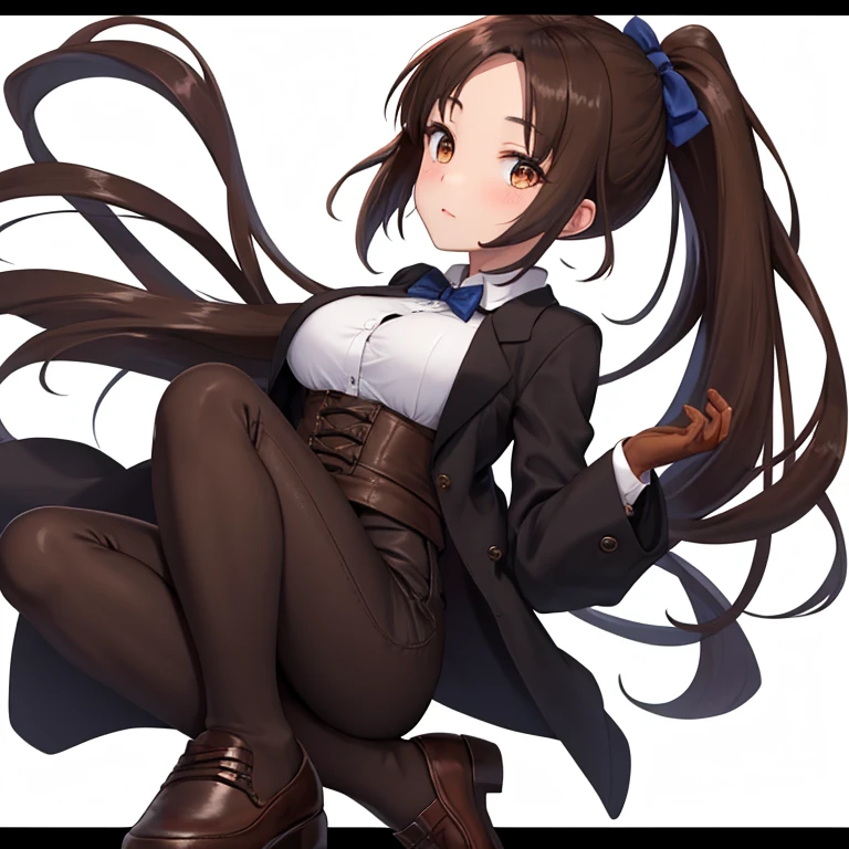 One Girl, Five Fingers, mini skirt, Looking down at the viewer, Twin tails, Highest quality, Focus on the thighs, Dynamic pose, smile, blazer, blouse, Black Pantyhose, panties under pantyhose, Standing Split, classroom, Black Hair, Stylish pose,My thighs are steaming between the legs