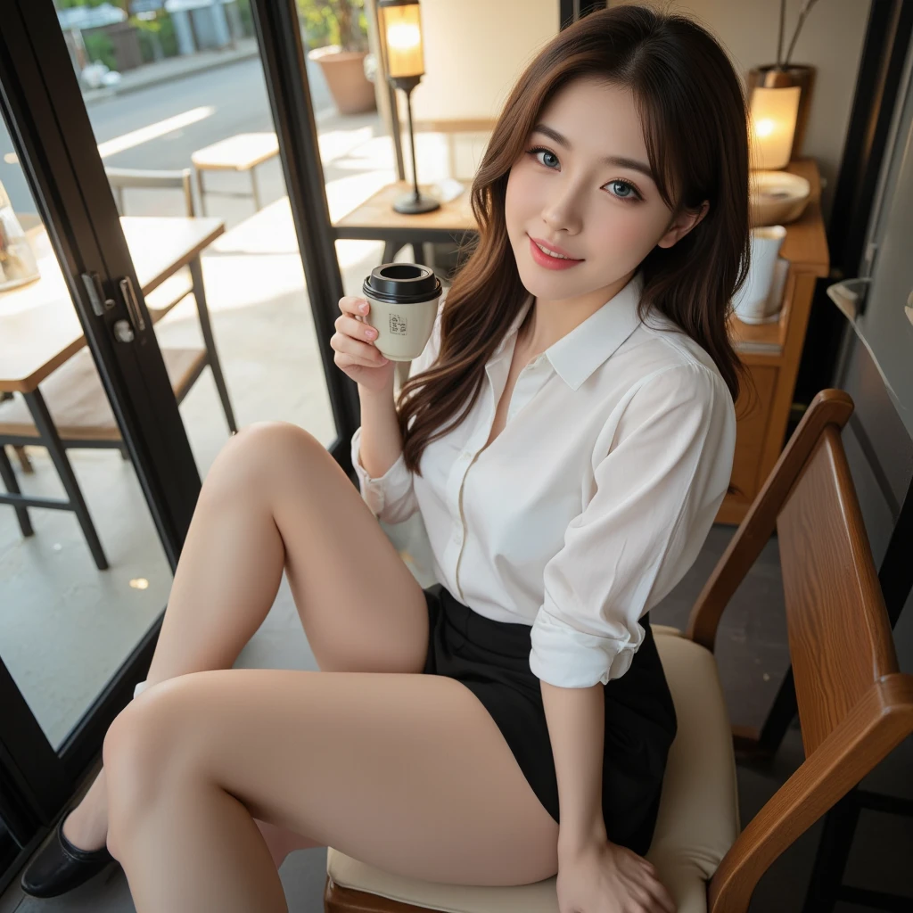 (8k, best quality, mastering: 1.2), (realistic, photorealistic: 1.37), super detailed, 1 girl with glasses, looking at the audience, cute, beautiful detailed sky, meticulous café, sitting at the table for afternoon tea, full body, (smile: 1.15), shut up, mid-chest, bursting shirt buttons, beautiful delicate eyes, (collared shirt: 1.1), daytime, sunshine, white lace, (long hair: 1.4), shoulder-length hair, silver hair, uniform, white skin, movie lights , street light, (sexiest actress: 1.4), full body photo, (coffee table:1), (handbag: 1), urzan-6500-v1.1:0.3, karinak-4501-6300:1.2, long legs, high heels,