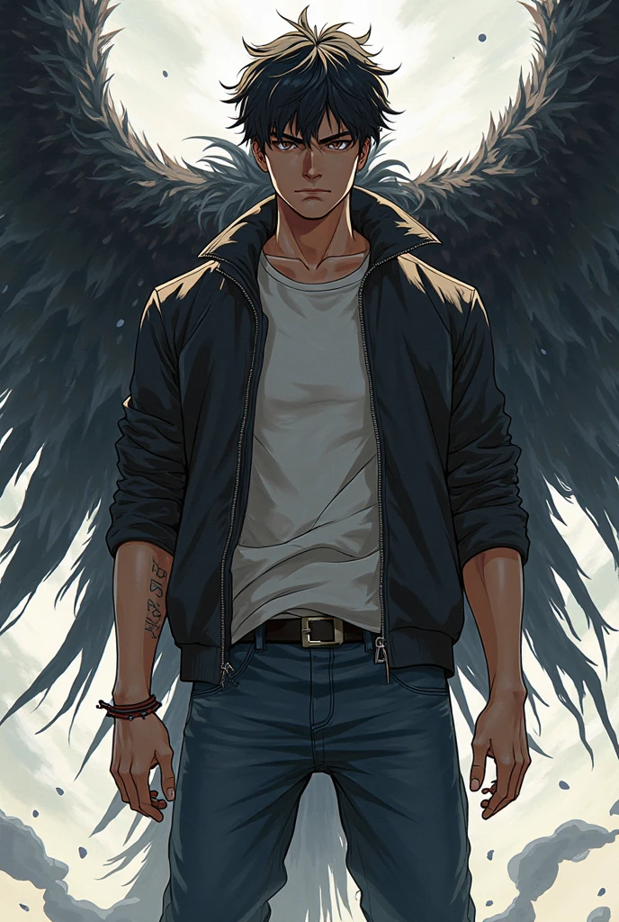 anime style, A grown man, brown skin tone, black hair with curls, His eyes are dark green, is in a semi-relaxed but alert posture. He stands with his torso slightly leaning forward.. He has one hand pointing at himself, His shirt is partially unbuttoned, giving a casual air., arrives with unbuttoned black pants, You can see some big black wings
