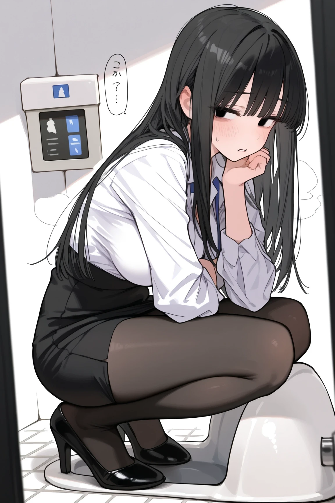 Outdoor toilets in the park、５Girl of Man、Wearing a uniform、In front of the public toilet、Leaking or holding back pee、Black hair color、ponie tail、Crying face、blushes、Tears from the eyes、Open legs、Crying、Dark blue socks、The color of the pants is light blue、Vertically aligned、Rear view、