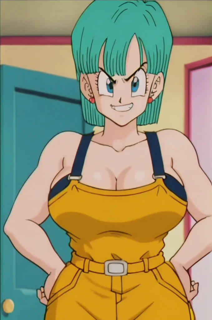 source_anime, score_9, score_8_up, score_7_up, anime screencap,
buu saga, aqua hair, very short hair, bowl cut, bulma's bedroom, blue eyes, sweating, nude, blushing, blue eyes, muscular female, big muscles, wearing a magical Silver necklace with a Star-shaped cutout around her neck, she has a penis on her crotch,, big bulge,, stands with a grinning expression, she is looking down at her own body, she has her hands on her penis masturbating,. feeling turned on, A bathroom setting.