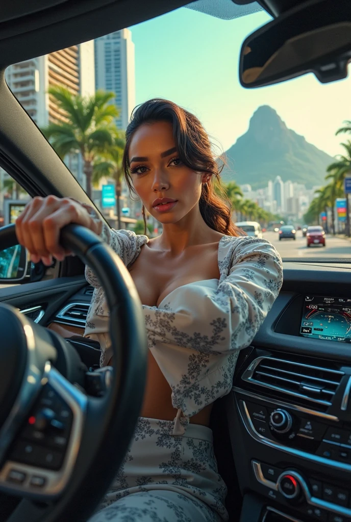 Magnificent detail, 8K Photos, hyper- realism, realistic background, visual depth, wide angle lens, professional light, Driver's POV {The scene shows a beautiful brunette white-skinned woman in focus in the background of the photo, fully opening her overcoat, to show off her hot curvy body cars and motorcycles stopped in traffic. She is at the crosswalk of a busy street in São Paulo. She wears daring lingerie, super cleavage, low-rise panties, fine, showing your crotch, her defined belly and soft, large natural breasts. Cintura fine, wide hip. Her body is curvy, delicious. big boobies, natural and soft. A motorcyclist standing next to you taking a picture of the woman, with your phone. exhibitionism. Steering wheel of a car with hands resting.