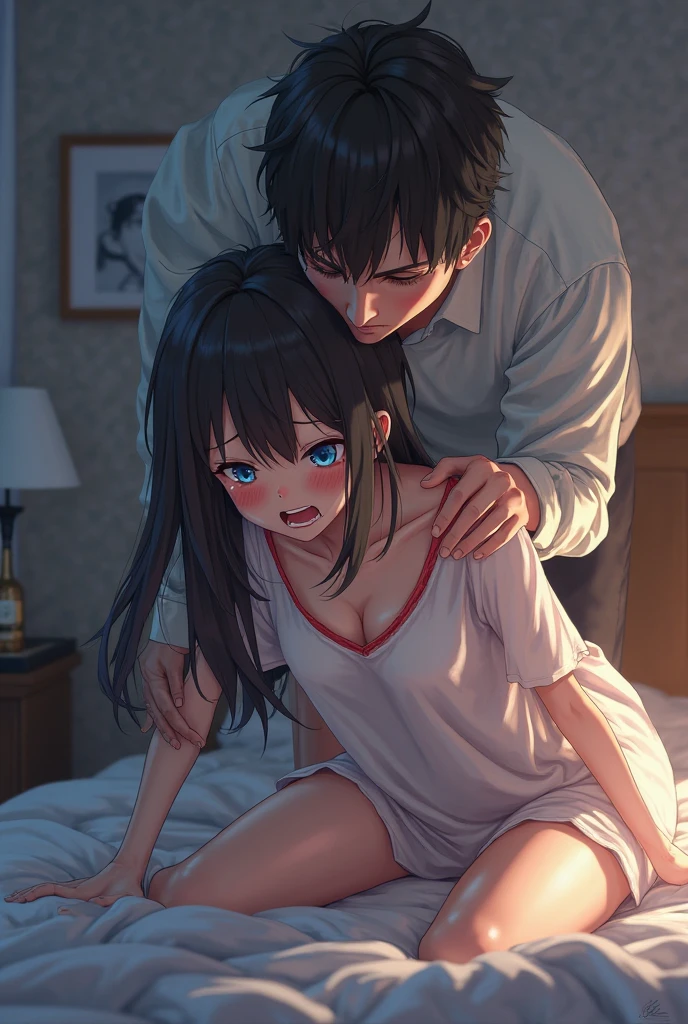 master piece、Ultra high precision、(Naked girl has sex with a guy in missionary position:1.4)、The girl is crying and covering her face with her hands、the girl spreads her legs wide open、girl is wearing a blouse、black hair