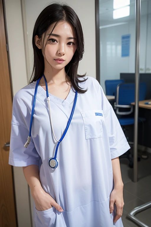(anatomically correct body:1.5), professional portrait、professional writing、highest quality, Detailed workmanship、high resolution、(8K, High resolution:1.2)、(RAW photo, photorealistic:1.3)、slender body shape、high definition face、Face is in focus、high definition eyes、(Focused, symmetrical pupils:1.2)、High-definition and beautiful skin、firm skin、natural makeup、gross lip, High-definition hair texture、masterpiece、japanese woman、(nurse、nurse:1.3)、17 years old、very cute, very short hair break (White nursing uniform、白いnurseの制服:1.3) break (lying on the bed:1.3)、(hugging own chest:1.3), (on the hospital bed:1.2)、(very embarrassed:1.3), (blush:1.3), (scared look、shy look :1.3)、wet eye:1.2,、Staring at the camera:1.2、(color々Easy shooting angle:1.3)、medium breast, nsfw,