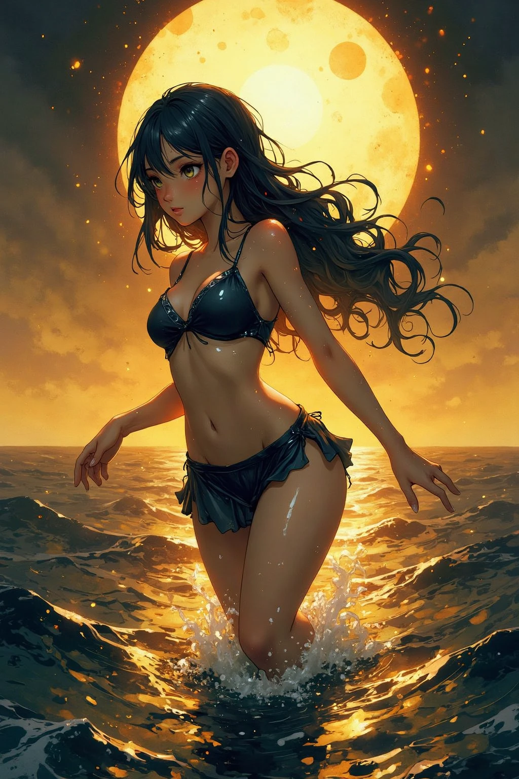 A girl with long wavy hair, wearing a sensual black bikini, posing by the beach, golden hour lighting, highly detailed, photorealistic, 8K, ultra-detailed, masterpiece, (best quality:1.2), (realistic:1.37), beautiful detailed eyes, beautiful detailed lips, extremely detailed face, long eyelashes, goddess-like beauty, alluring expression, sun-kissed skin, graceful elegant pose, ocean waves crashing in the background, warm golden sunset colors, dramatic cinematic lighting, intricate fabric textures, breathtaking scenery, professional photography