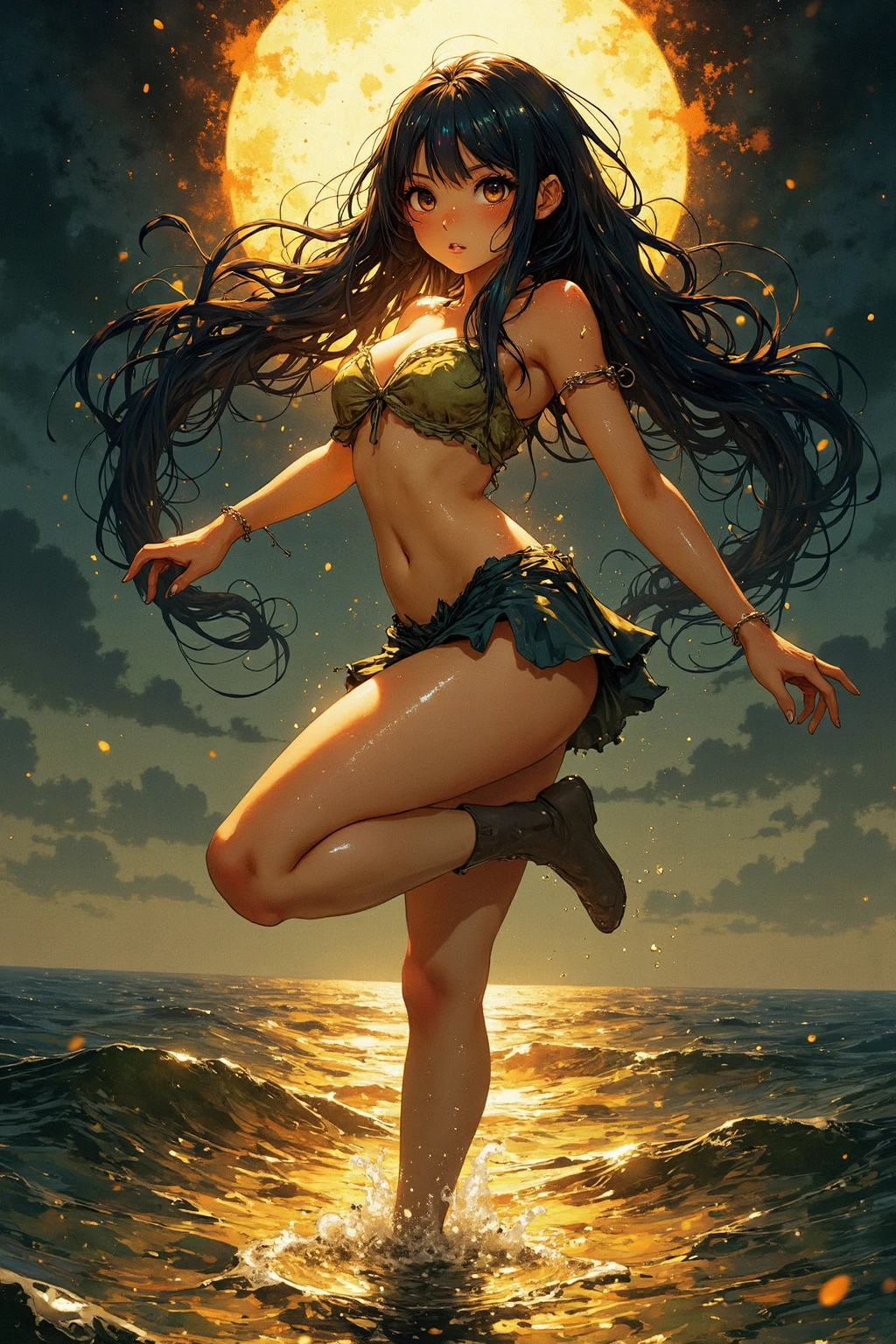 (best quality,4k,8k,highres,masterpiece:1.2),Dark brown hair color, Radiant and healthy skin, A strong aura of self-confidence, skintight jeans, high-heels, Sexy and graceful, Expansive sea background, Clear turquoise water, beautiful sunset, Delicate and soft light illumination, Brown skin。