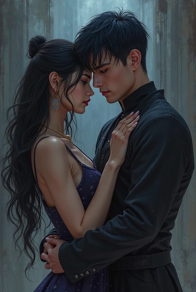 NSFW, (((Masterpiece, Best quality, photograph realistic))), (Shiny skin), hyper HD, 8K wallpaper, high resolution, Perfect anatomy, Slender hands and fingers, Cinematic lighting, Physically-based rendering, Award-winning, Extremely detailed skin, extra detailed face, Eyes with beautiful details, Carl Zeiss 85 mm F/1.4, Break, (((1 girl and 1 thin man, Having sex))), (Hug from the front:1.3), 2 girl, (Long dark blue hair, bangs, green eyes), huge tits, Buttock augmentation, A shy and nervous expression, Ruddy cheeks, perspire, Soaked all over, Black bodysuit, (Sex silly:1.5), A scruffy man in black jacket, (He grabbed the girl's breasts), (He licked the girl's cheek), (In a dimly lit alley), Look straight ahead, View from above.