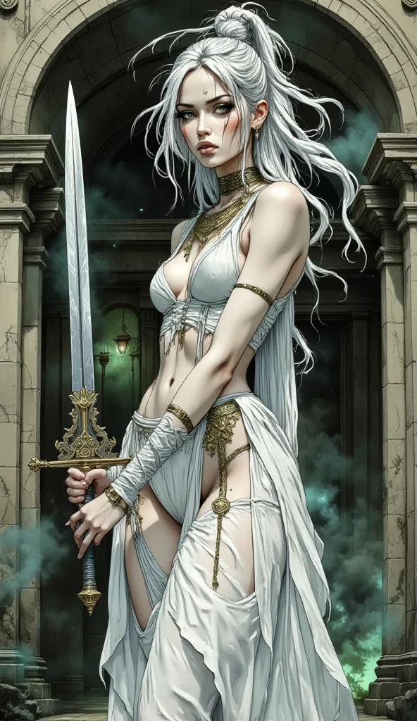 ((masterpiece)), ((luis royo style):1.0), Uma bela mulher de cabelos pretos longos com franja com roupas curtas sensuais, Arte de Fantasia, alto detalhe, imagem de corpo inteiro, imagem em alto detalhe, illustration by master luis royo, Royo Art Style