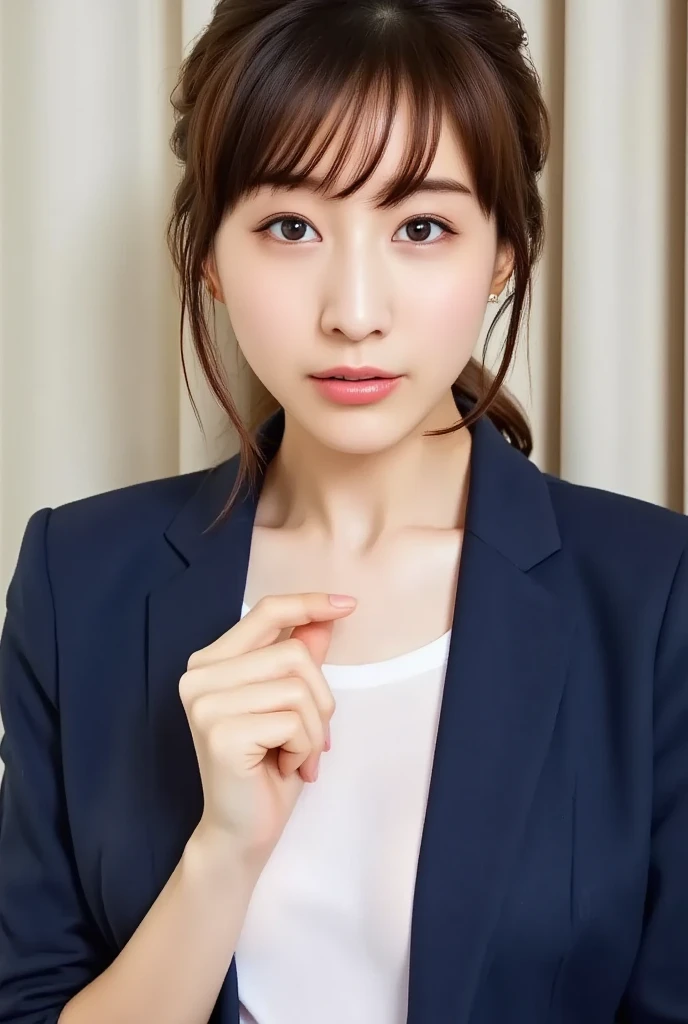 masterpiece, best quality, highres, 1girl, japanese,professional lighting, physically-based rendering, very cute, big eyes, extremely detailed eyes and face, eyes with beautiful details, (beautiful japanese girl:1.05),face focus, from above, smile, grey suit,