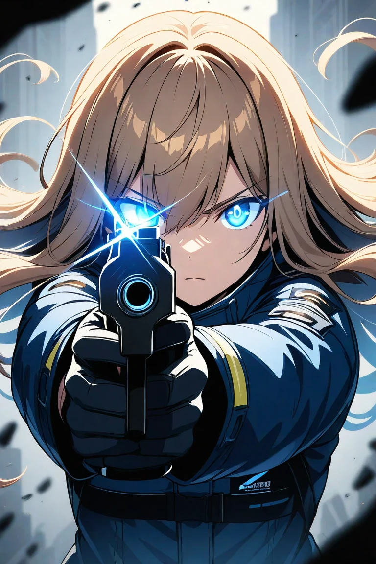 1girl, aiming at viewer, aiming, solo, weapon, gun, glowing, holding, long hair, holding weapon, blue eyes, blurry, looking at viewer, holding gun, brown hair, hair between eyes, depth of field, bangs, rifle, blonde hair, jacket, upper body, glowing eyes, closed mouth, glowing eye, gloves, long sleeves, floating hair, glint