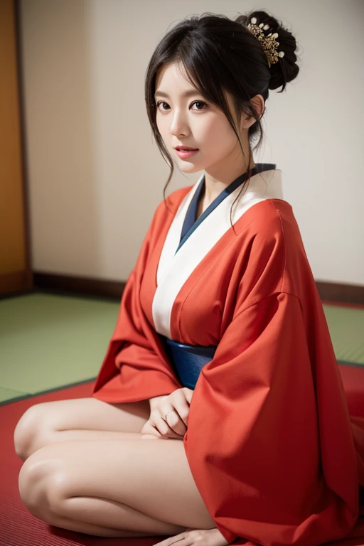Beautiful woman in short white and red yukata crouches and strokes her hair with one hand, Looking at the camera, (((Background blur))), Sandals with nose rope, Bare feet, Cotton Underwear, Nail polish on the toes,No clothes