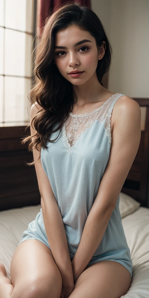 30 years old,malay face, short light brown hair, breast about to burst, round breast,((top-quality、8k、masterpiece:1.3))、Beautiful woman with perfect body:1.4、slim abdomen:1.2, Highly detailed facial and skin texture, A detailed eye, (smile), (full body shot), ((bedroom)), (sexy sit on bed)leg open, (((wearing baby blue satin nightgown camisole)), looking in front,dark light,nightime,seducing