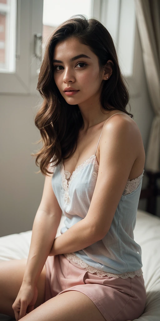 30 years old,malay face, short light brown hair, breast about to burst, round breast,((top-quality、8k、​masterpiece:1.3))、Beautiful woman with perfect body:1.4、slim abdomen:1.2, Highly detailed facial and skin texture, A detailed eye, (smile), (full body shot), ((bedroom)), (sexy sit on bed)leg open, (((wearing baby blue satin nightgown camisole)), looking in front,dark light,nightime,seducing