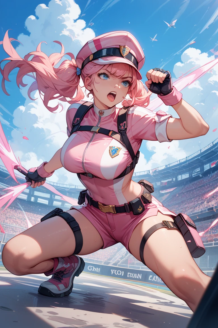 safe for work,(perfect composition),imagined a girl in extreme sport outfit playing to a flying disc game in a beach arena game sport, masterpiece, ultra-detailed, 80's anime (style), 2D, megapixel, perfectionism, full HD , 4K, (windjammers), windjammers sport game, windjammers 2 (((((solo mature anime woman,)))))++++++++++++++++++, looking at viewer, full body, brown hair and pink hair, short hair, weird hair, smile, lips, eyelashes, medium breasts, gym uniform, uniform, gym shorts, headband, sports bra, elbow pad, knee pad, extreme sports outfit 80's theme, beach background, playing flying disc game on a beach court game, sea, sun in the sky, sports wear