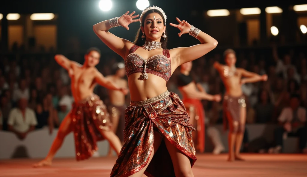a beautiful older indian ifbb, shiny gold bra visible through translucent top, iridescent sheer hobble skirt