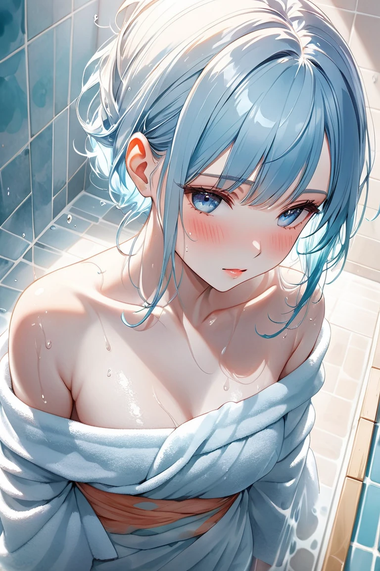 bath、highest quality、High resolution、perfect pixel、8k、finely、perfect dynamic composition、finelyて美しい目、Standing、open your legs、Put one foot on the edge of the bathtub、blue hair、shining hair、natural color lip、woman、25 years old、transparent skin、Super detailed、Wrap yourself in a bath towel、round earrings、small breasts、small areola、dripping sweat、full of sweat、thin thighs、beautiful feet、delicate、Anguished expression、Face enduring pain、half closed eyes、open mouth