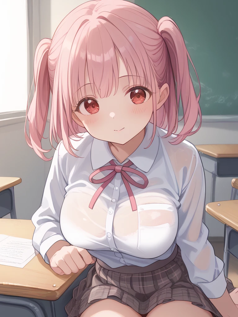 mastute piece,Best Quality,insanely detailed,8k cg,nsfw,
(shoot upper body:1.3),
(1girls:1.3),standing,looking at viewr,body in front,both arms behind back,(school-vest:1.3,school-shirt:1.3,school-skirt:1.3),(bare breasts:1.2),(bare nipples:1.2),
break,
blush,shy,(??????? face),(trembling:1.2),break,(light pink hair:1.3),
break,
perfect breasts,perfect teats,(open mouth:0.9),(large breasts:1.2),
(classroom),