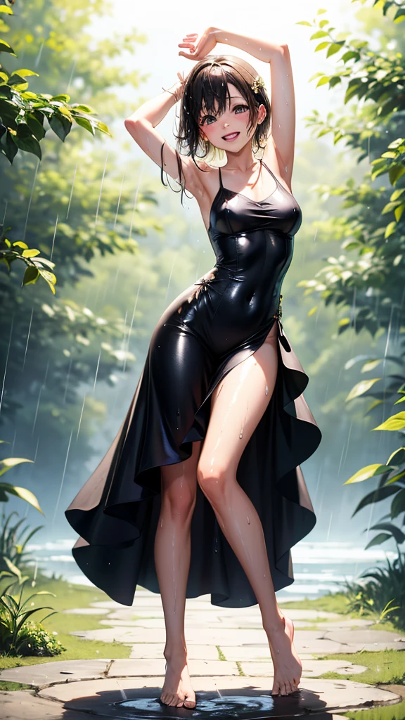 (Best quality, 4k, Masterpiece :1.3), full body standing symmetrical beautiful woman, hyper realistic, 1girl, (drooping breasts, attractive body :1.2), sit-ups :1.1, short red hair: 1.1, (wet rainy, wet by rain, wet body :1.2), ultra-detailed face, detailed lips, detailed eyes, double eyelid, low-necked dress, open neckline, hanging breasts, side pose, visible curves, pool party, poolside, red transparent robe, red sunglasses, muscular turned arms behind body