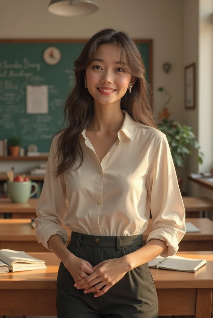 (highest quality、table top、8k、best image quality、Award-winning work)、1 female teacher、perfect makeup、(Wearing an elegant collarless blouse and formal skinny pants:1.3)、(Very bright classroom:1.3)、(very bright and vivid:1.3)、(very brightly lit face:1.4)、Smile kindly at me、(Standing gracefully:1.3)、emphasize body line、(Beautiful and romantic sunset:1.4)、beautiful and elegant hairstyle、(The most natural and perfect high school classroom background:1.1)、(Strongly blurred background:1.1)、(The most natural and perfect high school desk and chair arrangement:1.2)、(perfectly placed desk and chair:1.2)、(perfect anatomy:1.2)、perfect beautiful composition、slender body、Ultra high definition beauty face、ultra high definition hair、Super high-definition sparkling eyes、(Ultra high resolution bright and glowing skin:1.3)、Super high resolution glossy lips、elegant posture