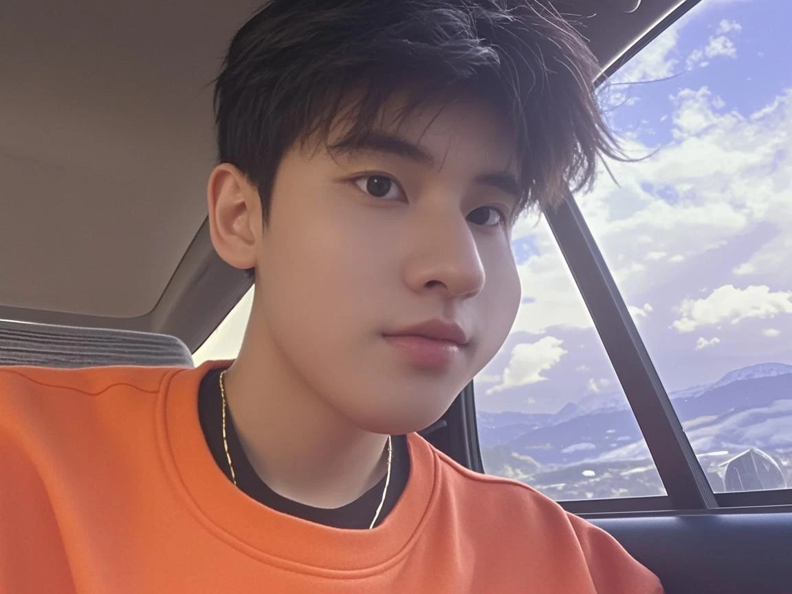Arafard asian man in brown shirt and brown shirt, 8k selfie photograph, 2 8 years old, Leng Jun, Sports car in the background，Stud earrings in the left ear