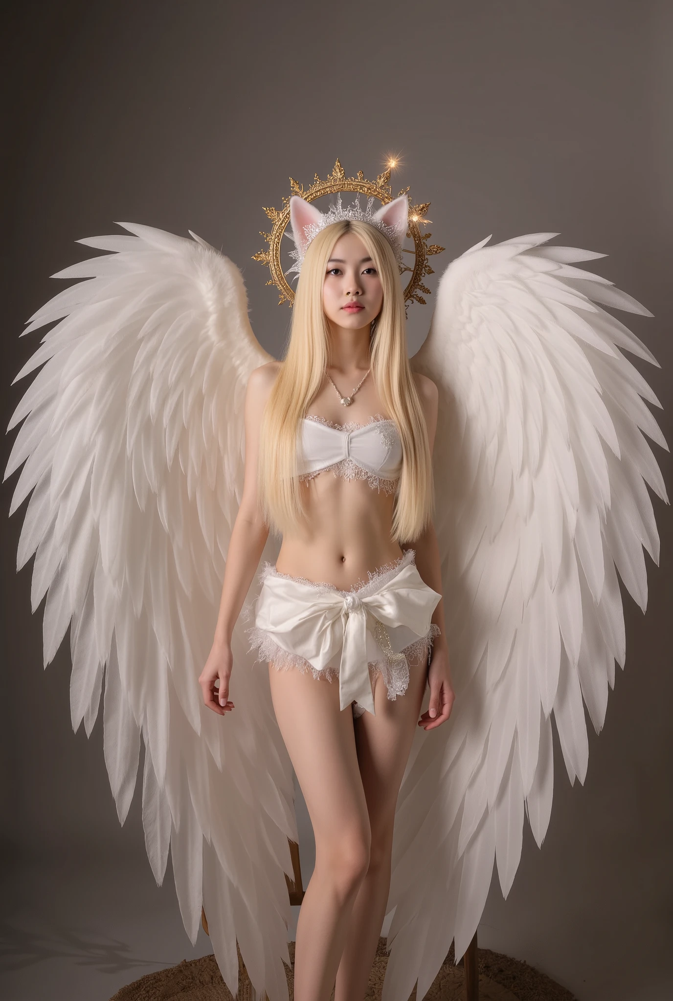 A Beautiful Cat Angel Girl Having big wings, firefly's, magical light, minimal clothing, She is wearing atube top and a Japanese mini skirt, thick thigh, thick thigh, bare foot, magical, cat ears, cat furrs