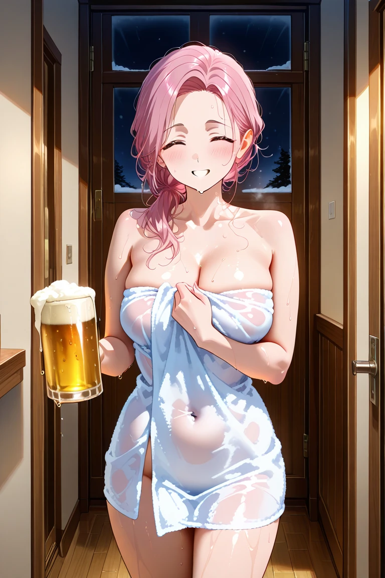 ichika nakano, VERY short hair, bangs, blue eyes, hair between eyes, pink hair, empty eyes ,large breasts, nipple, ,, Heavy snowfall area frozen (Sweating profusely, Love juice, Wet Woman, female ejaculation) crying mountain Alone, crying, Naked, Restaurant , Peeing, lactation, projectile lactation