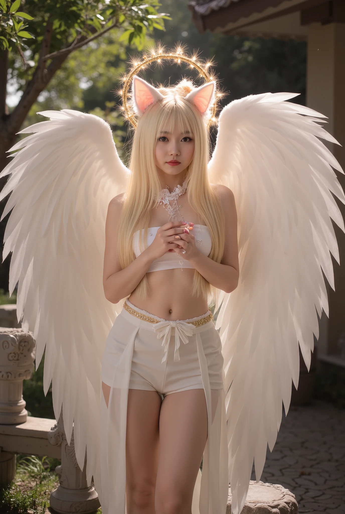 A Beautiful Cat Angel Girl Having big wings, firefly's, magical light, minimal clothing, She is wearing atube top and a Japanese mini skirt, thick thigh, thick thigh, bare foot, magical, cat ears, cat furrs