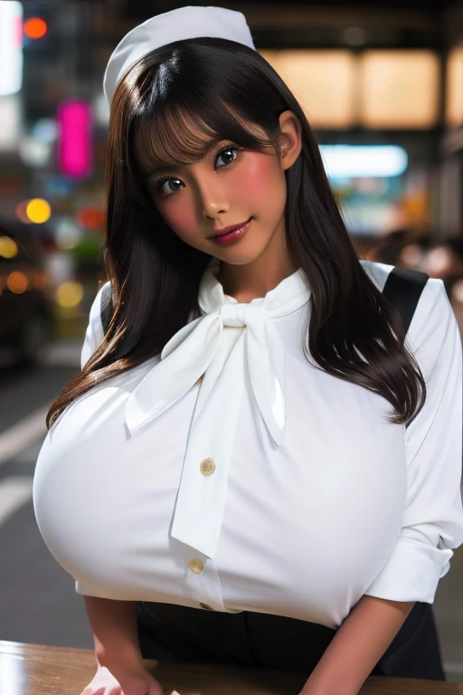 one girl, (oily skin:1.6), (muscular:1.8), (dark skin:1.6),  Brown eyes, ((pony tail)) girl, (Eye and facial details:1.0), break, (masterpiece, Highest quality, Very detailed, Detailed face, 8k), Super huge breasts, ditail lips, pink lips, long hair, beautiful asian girl, gal, shining skin, brown hair, dark skin, tanned skin, brown skin, gigantic breasts, JK , hi-school girl, school student uniform, Chest bulge, 1 girl, heavy makeup, glowy skin, smile, (huge breasts:1.8), lipstick, thick lips, white shirt, large earrings