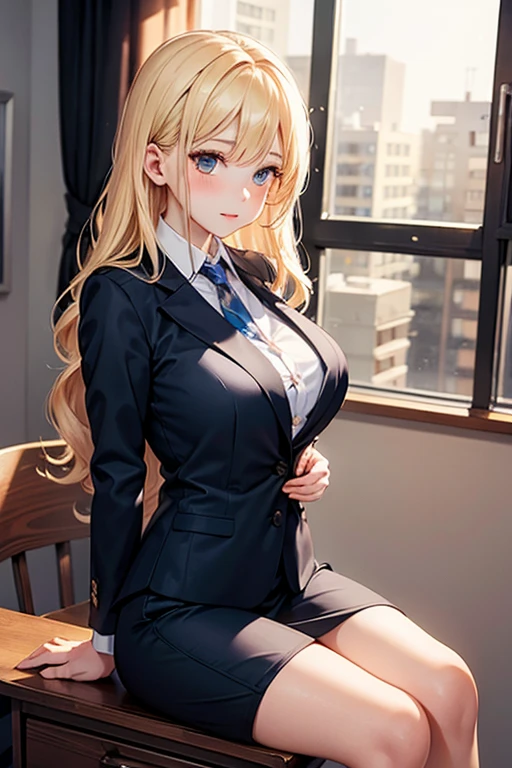 Sexy woman with, golden curly hair, blue eyes, office suit wear
