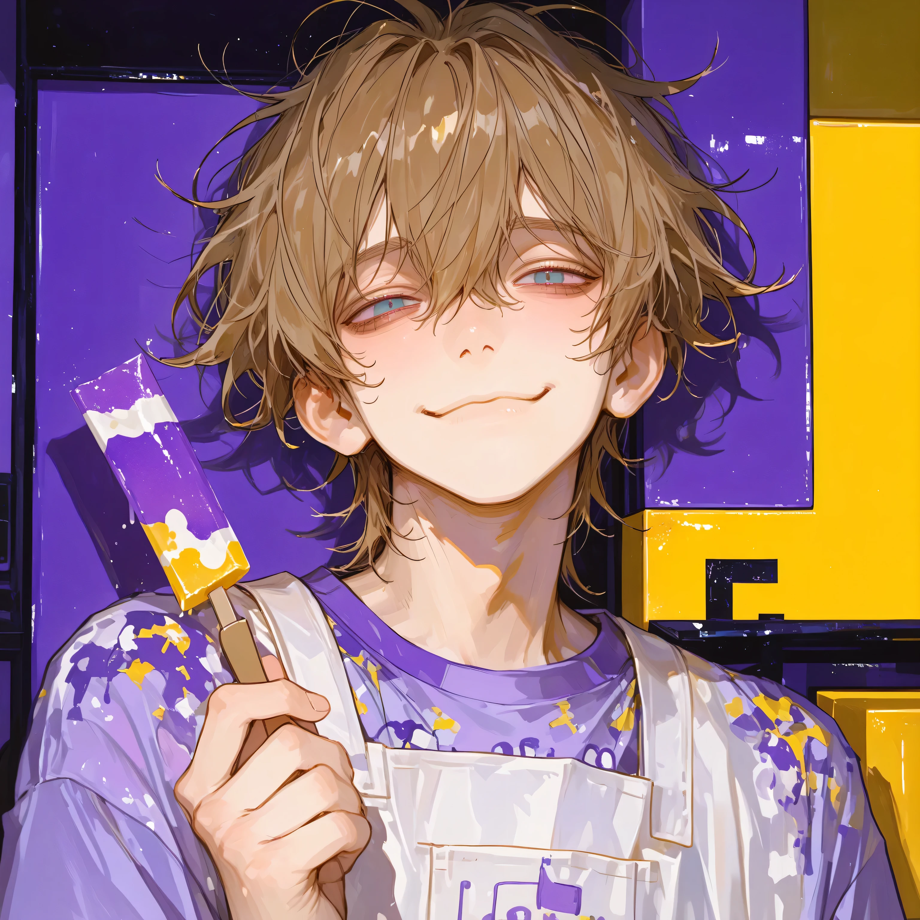 portrait, face focus, sweets shop background, cozy background, holding taffy, tired smile, daylight, clean, standing, looking at viewer, 1boy, femboy, solo, light skin, eyebags, brown hair, messy hair, ((blue eyes)), (white apron), dark slacks, (yellow and purple color block shirt), kawaii fashion, (((detailed eyes,))) masterpiece, best quality, cinematic lighting, highly detailed, details, ultra quality, HDR, 8k, lazypos, amazing composition,