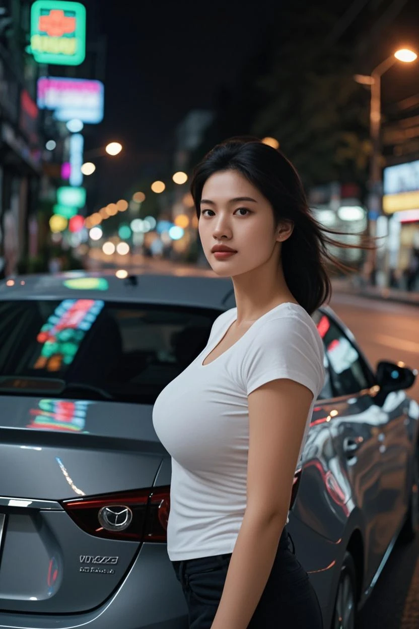 (best quality,4k,8k,highres,masterpiece:1.2),ultra-detailed,(realistic,photorealistic,photo-realistic:1.37),girl, curvy girl,street scene,colorful outfit, random outfit, random hairstyles,bright smile,moonlight, night, large hips, big breasts,XXL breasts,gigantic breasts, cleavage,heavy chest,realistic lighting,joyful expression,vivid colors