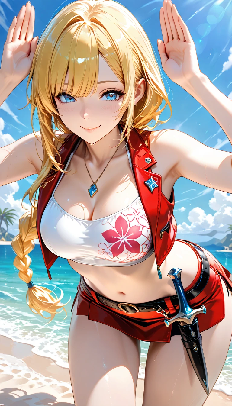 masterpiece、high resolution 8k、NSFW、sharp focus、contrast lighting、fine skin、muste piece、 highest quality、Ultra - High resolution、Super high resolution、Highly detailed CG、1girl,standing,a beach,sea,The sky is clear and blue,a few scattered clouds,sunny day,seagull, a red bikini top,blue denim jacket shorts,long blonde hair hair,smiling,headphone,