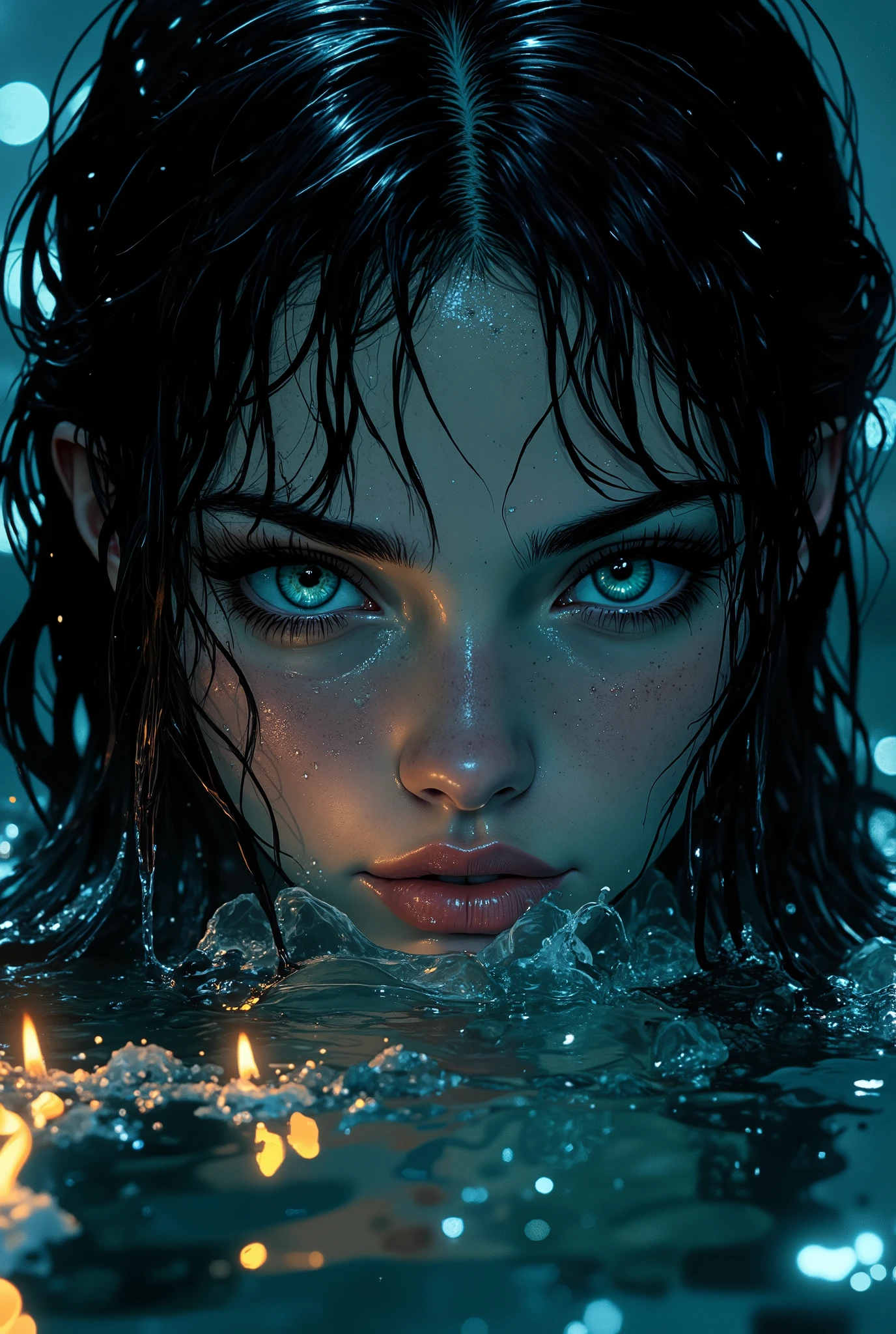Piercingly sharp style,
animangi,
3pic_vist4, A pair of beautiful shining turquoise eyes framed by thick and very long wet eyelashes appears directly above the midnight surface of the ocean, framed by tangled wet long black hair, wet hair, wet face, rain pours from the sky in silver streams,water flows down the face and hair, and dim embers float on the surface. The murmuring water, like a drowned constellation, whispers secrets in silence.
