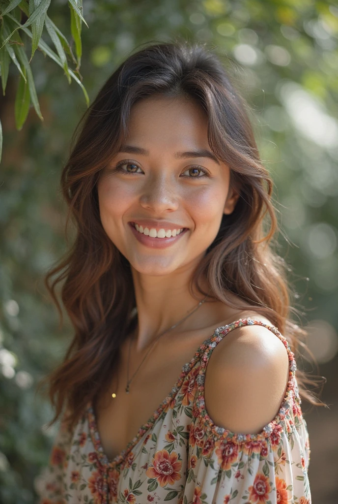Close up high resolution photograph of a Beautiful latina woman perfect body short brunette hair, beautiful smile, dressed in elegant victorian era 19th century American colorful conservative formal dress, natural lighting, beautiful outdoor paradise background