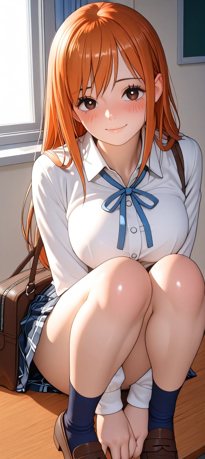 1 Girl, (alone:1.2), 背のexpensive女の子, Long Orange Hair, Straight hair ,Orange eyes, (expensive school student), (17 years old), (Ample breasts), (texpensives), expensive,masterpiece, expensive resolution, Shiny, whole body, beautiful,A cute smile that makes the viewer happy, expensively detailed beautiful face and eyes,View your audience, (expensive , cardigan:1.2), (expensive school:1.2), (from the front), (zettai ryouiki),(study),(((Spread your legs)))、((Shiny下着)))、Uniform Blazer、beautiful美しさ、Clean long hair、((whole body))、(((Photo taken from below)))、School classroom、Large Breasts、Big Breastini skirt、The panties are black lace、Japanese、Long limbs