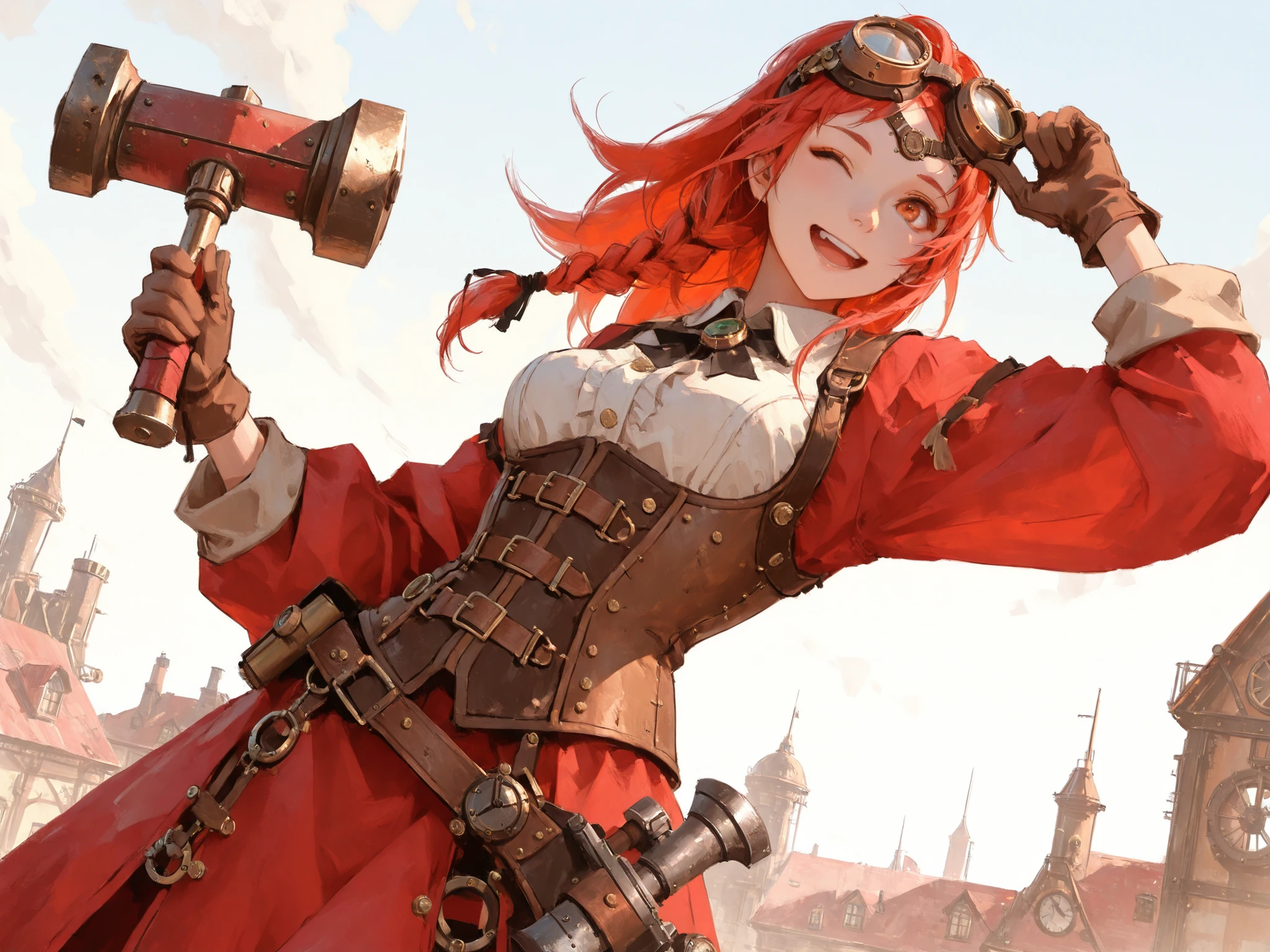 close shot, dutch angle, makes an aesthetic, Master piece, Best Quality, ultra detailed, a beautiful girl, solo, red long hair, side braid, beautiful orange eyes, steampunk corset, bustle skirt, steampunk-style goggles on forehead, holding a Blacksmith's Hammer, smiling, wink, steampunk-style city, morning,